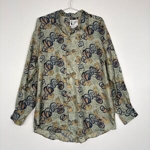 Goouch Mens Button Down Shirt Large Green Abstract Swirl 100% Silk Vintage Shirt